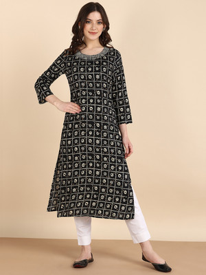 PinkTribe Women Embroidered Straight Kurta(Black)