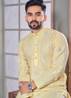 Lazzly Men Chikan Embroidery, Printed A-line Kurta(Yellow)