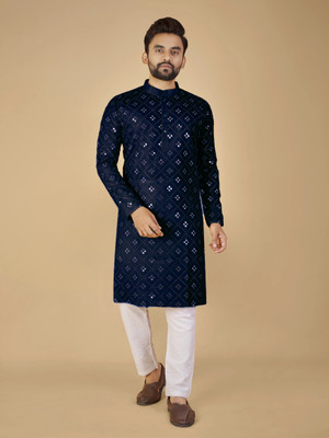 Vijay Enterprise Men Embroidered Straight Kurta(Dark Blue)