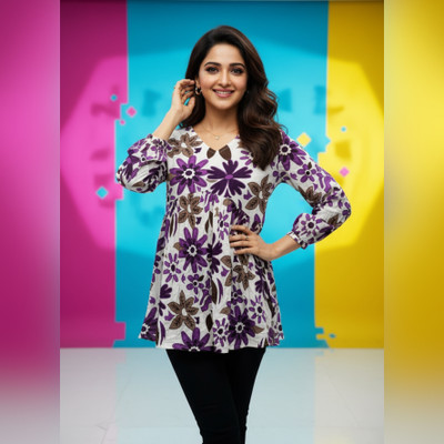 BAPPA Women Floral Print Flared Kurta(Purple)