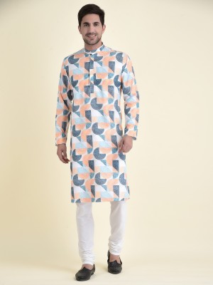 Tabard Men Printed Straight Kurta(Orange)