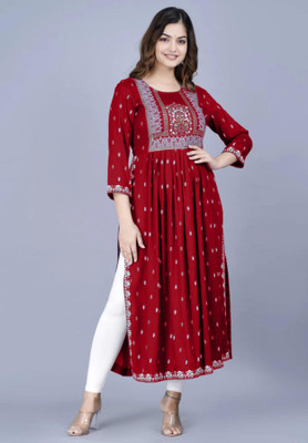 Niona Women Printed Straight Kurta(Maroon)