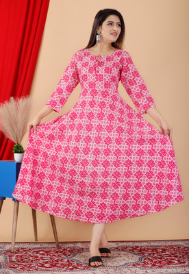 shobhit Women Printed Flared Kurta(Pink)