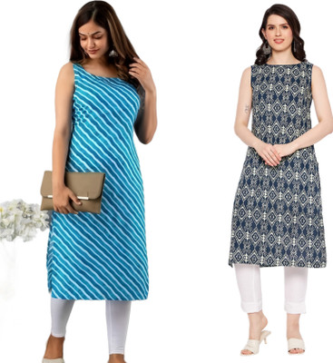 KAUTAQI Women Printed Straight Kurta(Dark Blue, Light Blue)