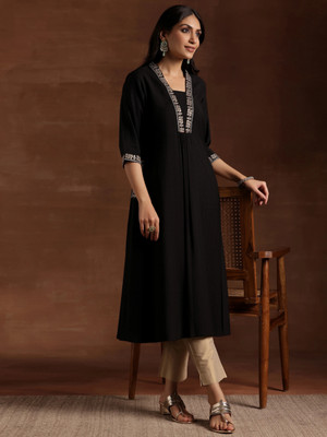 LIBAS Women Embroidered A-line Kurta(Black)