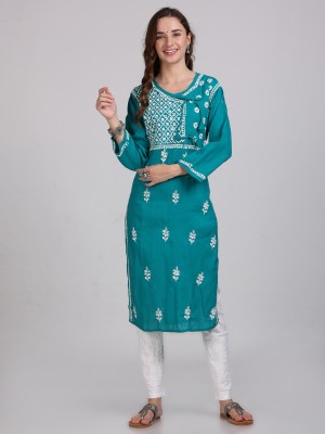 Fashion Chikan Art Women Embroidered Straight Kurta(Dark Green)