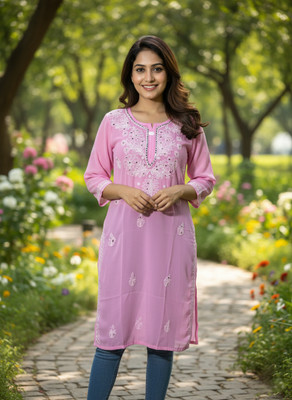 BANSII DHUN Women Embroidered Straight Kurta(Pink)