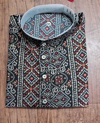 ARAHAMFASHION Men Printed, Geometric Print, Bandhani Straight Kurta(Black)