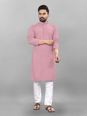 ALMORA Men Embellished Straight Kurta(Pink)