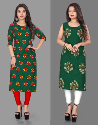 tanvi creation Women Floral Print Straight Kurta(Green)