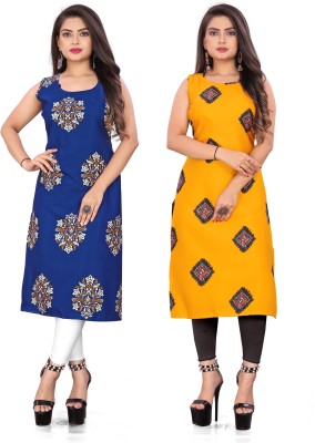 maruti fab Women Floral Print Straight Kurta(Blue, Yellow)