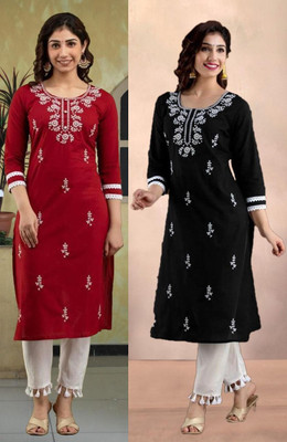 HouseOfCommon Women Chikan Embroidery Straight Kurta(Multicolor)