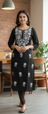 ZEHRACHIKAN Women Embroidered, Solid Straight Kurta(Green)