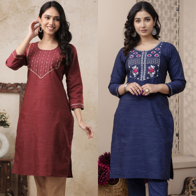 AuzaSho Collection Women Embroidered Straight Kurta(Blue, Maroon)