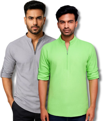 ClothTheory Men Solid Straight Kurta(Grey, Light Green)