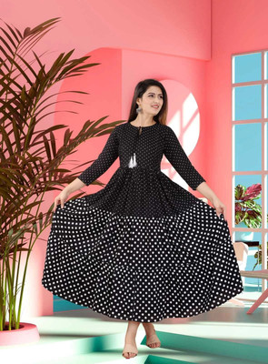 Damsel Women Printed Anarkali Kurta(Black)