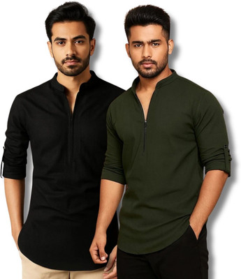 CROWNTAIL Men Solid Straight Kurta(Black, Green)
