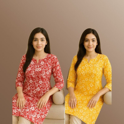 ssf Women Printed Straight Kurta(Red, Yellow)