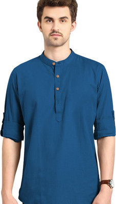 KNOWTED Men Solid A-line Kurta(Blue)