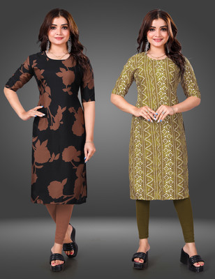 MOBHISA Women Printed Straight Kurta(Brown)