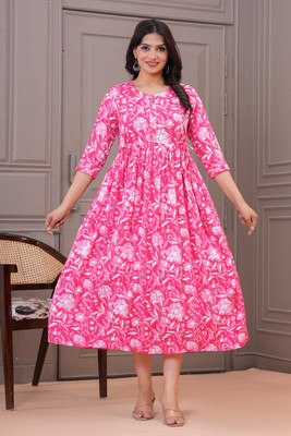 RILAKE Women Printed Flared Kurta(Pink)