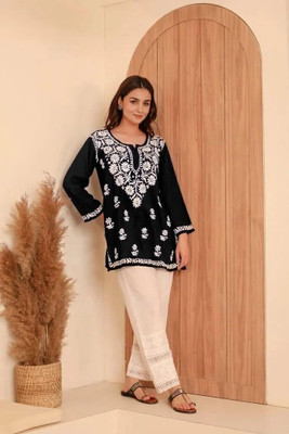 shivshakti faishon Women Chikan Embroidery A-line Kurta(Black)