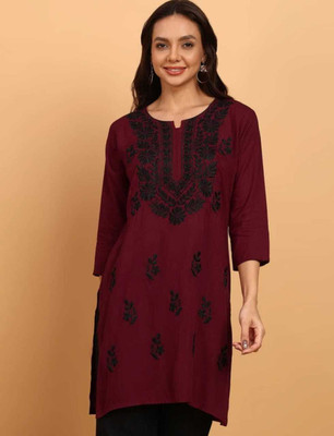 a h embroidery Women Chikan Embroidery Straight Kurta(Maroon)