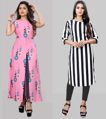 Hiral Creation Women Striped Straight Kurta(White)