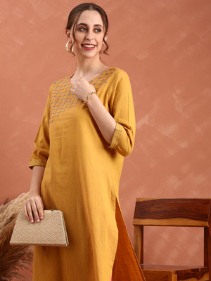 ANOUK Women Embroidered Straight Kurta(Yellow)