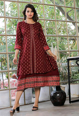 NAZIMPRINT Women Printed Gown Kurta(Maroon)