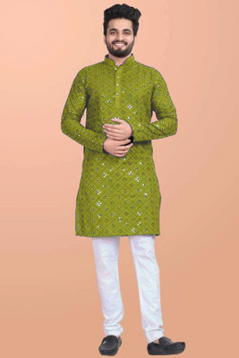 Simran Creation Men Embroidered Straight Kurta(Dark Green)