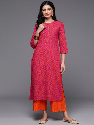 Indo Era Women Printed Straight Kurta(Pink)