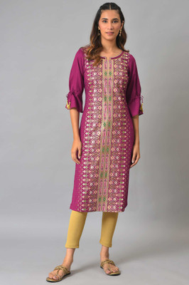 Aurelia Women Printed Straight Kurta(Purple)