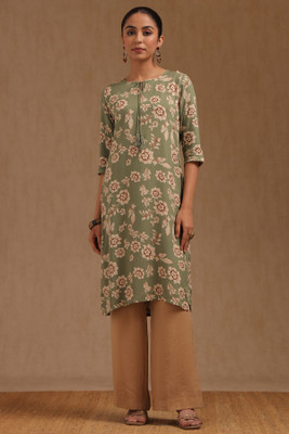 soch Women Floral Print Straight Kurta(Green)