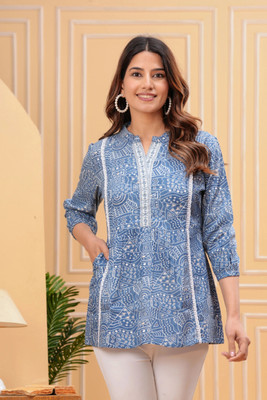 Moda Rapido Women Printed Flared Kurta(Blue)