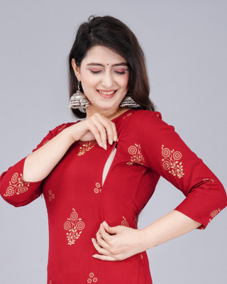 JANKI FASHION Women Printed Straight Kurta(Red)
