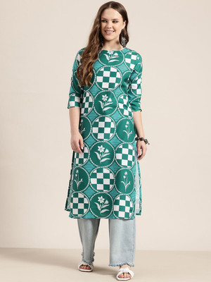 HERE&NOW Women Printed Straight Kurta(Green)
