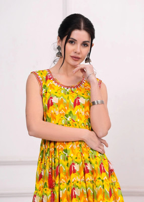flexflow Women Printed Straight Kurta(Yellow)