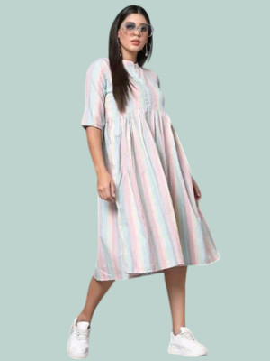 Houseofcommonv Women Striped A-line Kurta(White)