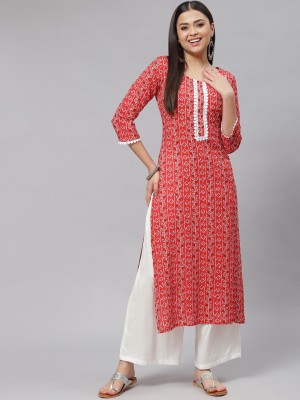 mokshi Women Floral Print Straight Kurta(Red, White)