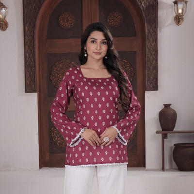 The JS Enterprise Women Printed, Embellished Straight Kurta(Maroon)