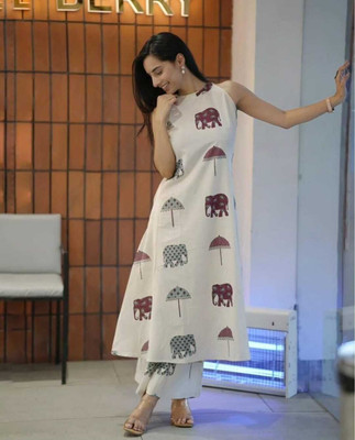 DC FASHION Women Printed Anarkali Kurta(White)