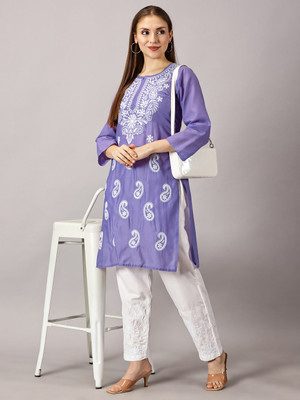 malabis Women Embroidered A-line Kurta(Light Blue)
