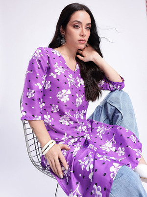 Anouk Rustic Women Floral Print Straight Kurta(Purple)