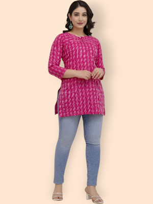 Maphaz Women Printed Straight Kurta(Pink)