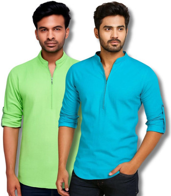 GOD HEART Men Solid Straight Kurta(Light Green, Blue)