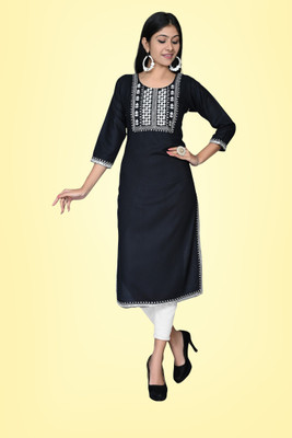 fantasy fab Women Embroidered Straight Kurta(Black)