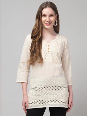 DIAMOND RUBY Women Chikan Embroidery A-line Kurta(White)