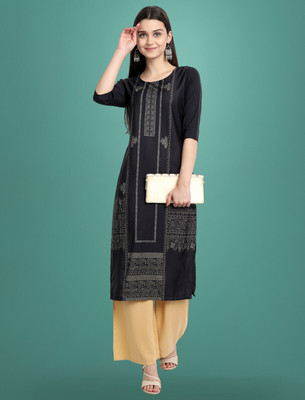 1 Stop Fashion Women Printed Straight Kurta(Black)
