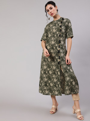 AKS Women Floral Print A-line Kurta(Green)